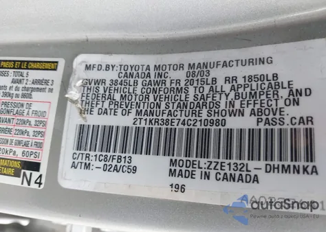 2004 Toyota Matrix Xr z USA, uszkodzony, nr VIN 2T1KR38E74C210980